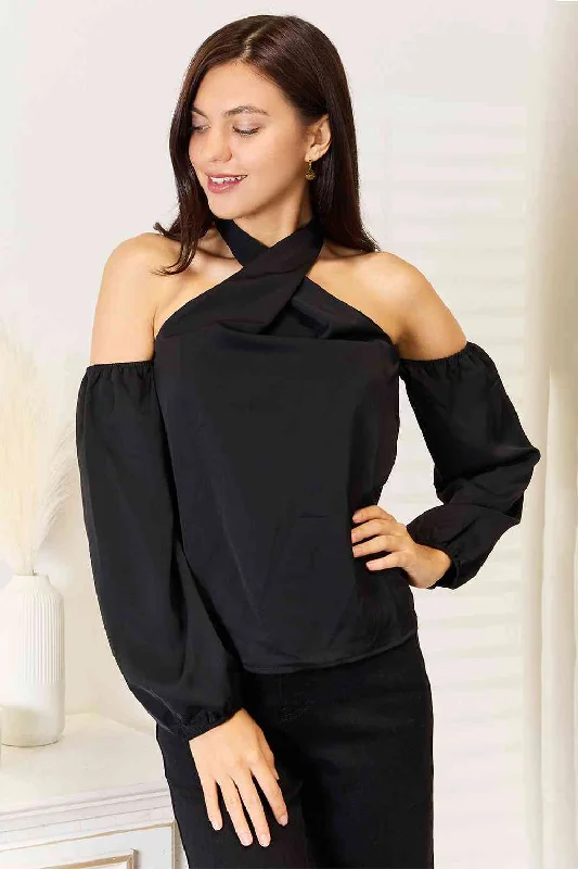Women's Everyday Wear Lingerie Double Take Grecian Cold Shoulder Long Sleeve Blouse