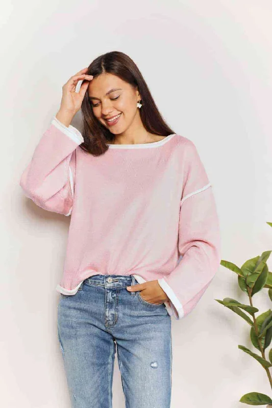 Women's Lingerie with Matching Robes Double Take Contrast Detail Dropped Shoulder Knit Top