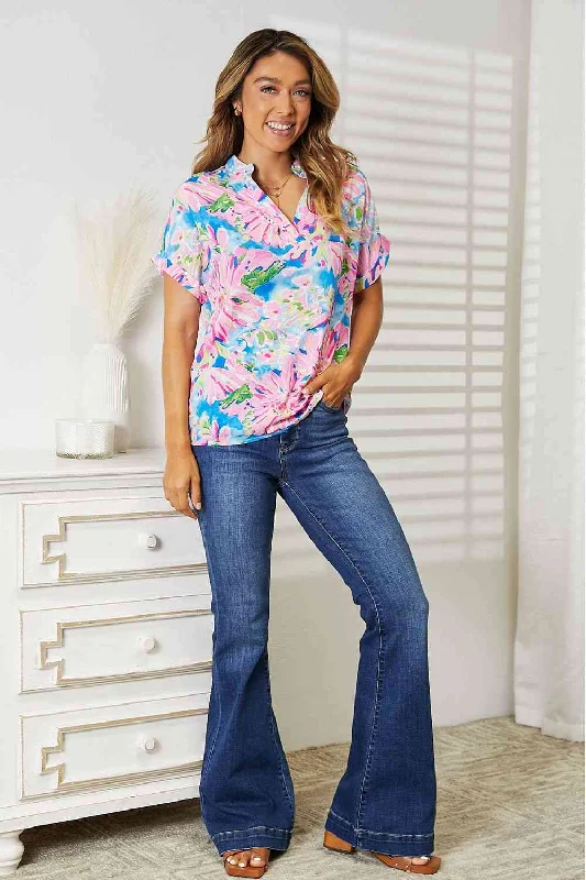 Elegant French Lace Lingerie for Women Double Take Floral Notched Neck Short Sleeve Top, Also Plus sizes