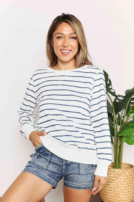 Women's Silk Lingerie Sets Double Take Striped Long Sleeve Round Neck Top