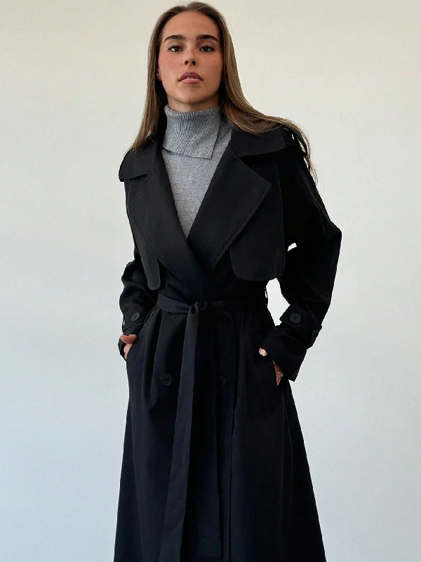 Designer Lingerie Sets for Women Aloruh New Lapel Collar Cinched Waist Waist Super Long Black Trench Coat With Pockets And Double Breasted For Cool Women Designer Lingerie Sets for Women Aloruh New Lapel Collar Cinched Waist Waist Super Long Black Trench Coat With Pockets And Double Breasted For Cool Women