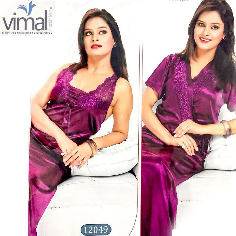 Comfortable Cotton Lingerie for Women 2 Pcs Maroon Long Nighty Set with Gown - V12049 - Satin Silk Nighty by Vimal Fashion Comfortable Cotton Lingerie for Women 2 Pcs Maroon Long Nighty Set with Gown - V12049 - Satin Silk Nighty by Vimal Fashion