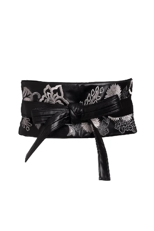 Women's Tummy Control Lingerie Vegan Luxe Lambskin Embroidered Obi Belt