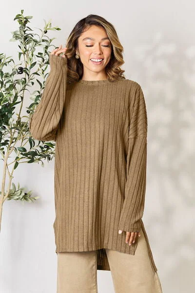 Women's Lingerie with Matching Robes Basic Bae Full Size Ribbed Round Neck Long Sleeve Slit Top