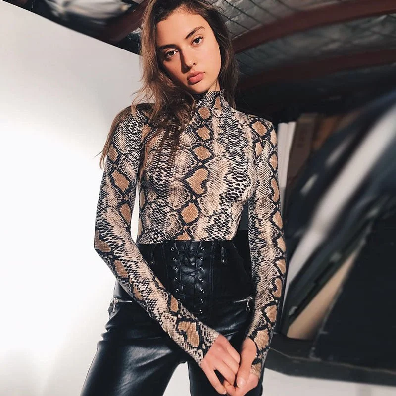 Sexy Lingerie for Women with Stockings Sxy snake print long-sleeved mock-neck jumpsuit