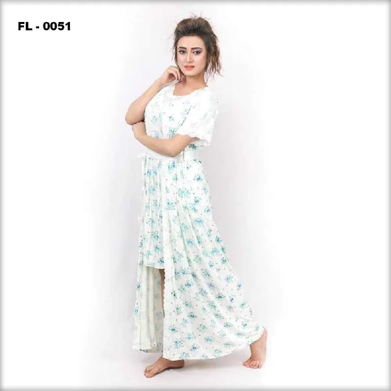 Luxury Lingerie for Special Occasions White With Blue Flower Print Flourish 2Pc Women Nightwear - FL-0051 Luxury Lingerie for Special Occasions White With Blue Flower Print Flourish 2Pc Women Nightwear - FL-0051