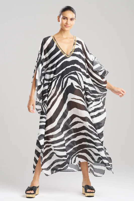 Women's Tummy Control Lingerie Zebra Cotton Silk Beaded Sheer Caftan