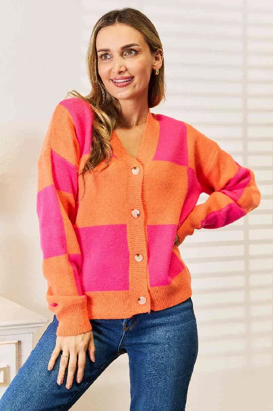 Women's Corset Style Lingerie Woven Right Checkered V-Neck Dropped Shoulder Cardigan