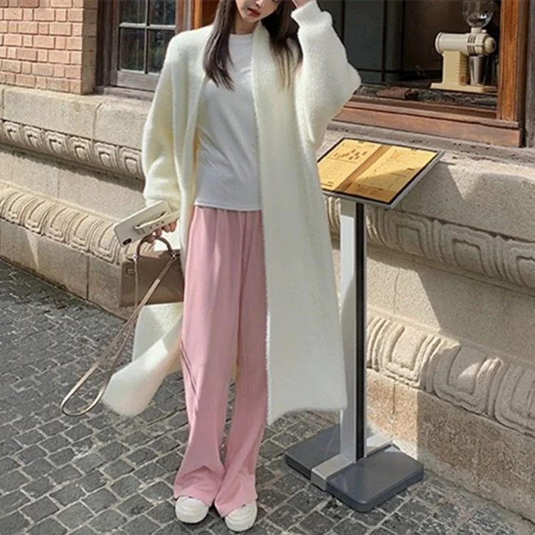 Women's Satin Sleepwear Lingerie White Mink Fleece Cardigan Loose Mid Size Thick Knitted Jacket Women's Satin Sleepwear Lingerie White Mink Fleece Cardigan Loose Mid Size Thick Knitted Jacket