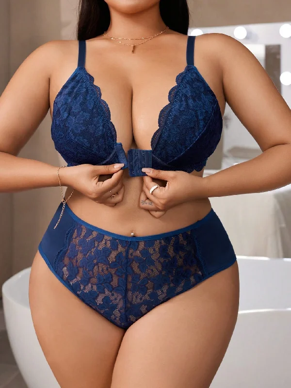 Women's Shapewear Lingerie Sets 2pcs Plus Size Solid Front-Closure Lace Scalloped Trim Lingerie Set Women's Shapewear Lingerie Sets 2pcs Plus Size Solid Front-Closure Lace Scalloped Trim Lingerie Set