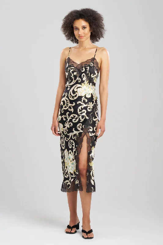 Women's Silk Lingerie Sets Camille Floral Scroll Lace Slit Silk Gown
