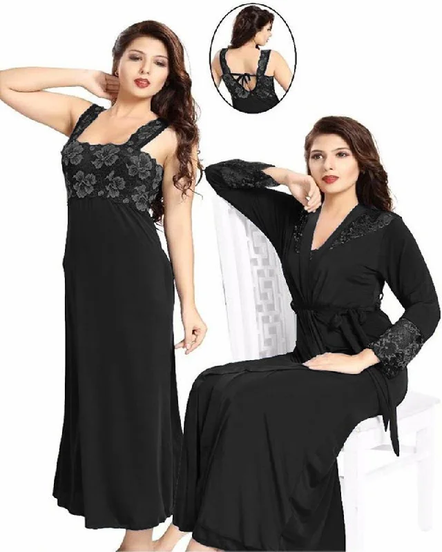 Elegant French Lace Lingerie for Women Wedding Nighty - FL-0070 - Black Flourish 2 Piece Nightwear