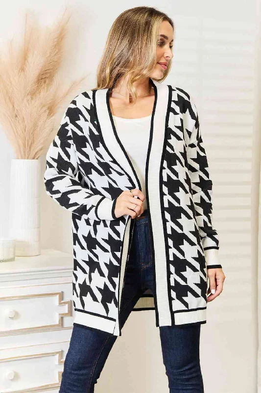 Women's High Waist Lingerie Bodysuits Woven Right Houndstooth Open Front Longline Cardigan