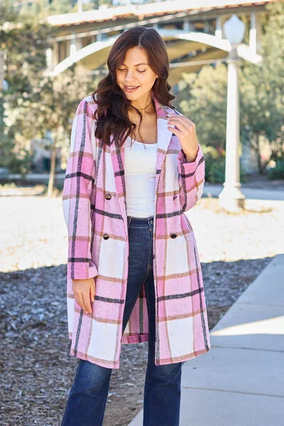Vintage Inspired Lingerie for Women Double Take Full Size Plaid Button Up Lapel Collar Coat