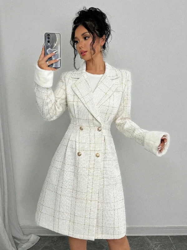 Designer Lingerie Sets for Women Elenzya White Woolen Blend Long Sleeve Double-Breasted Gold Button Cinched Waist Cuff Fur Trim Fitted Knee Length Coat Designer Lingerie Sets for Women Elenzya White Woolen Blend Long Sleeve Double-Breasted Gold Button Cinched Waist Cuff Fur Trim Fitted Knee Length Coat