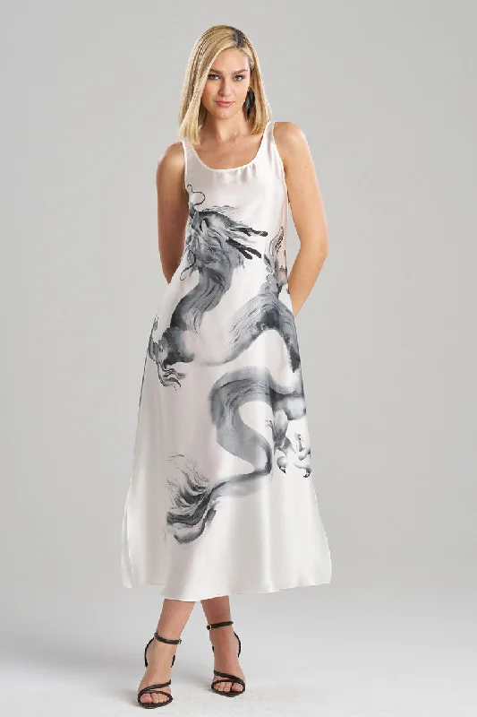 Women's Satin Sleepwear Lingerie Ink Dragon Silk Gown