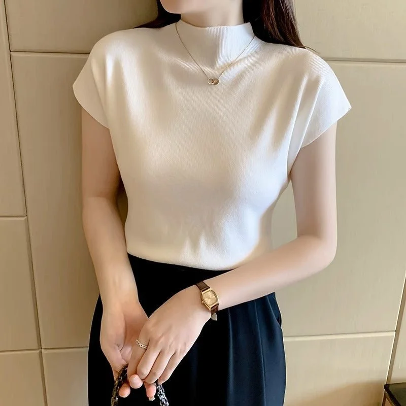 Comfortable Cotton Lingerie for Women Cool half-high collar shirt short-sleeved knitted top for women Comfortable Cotton Lingerie for Women Cool half-high collar shirt short-sleeved knitted top for women