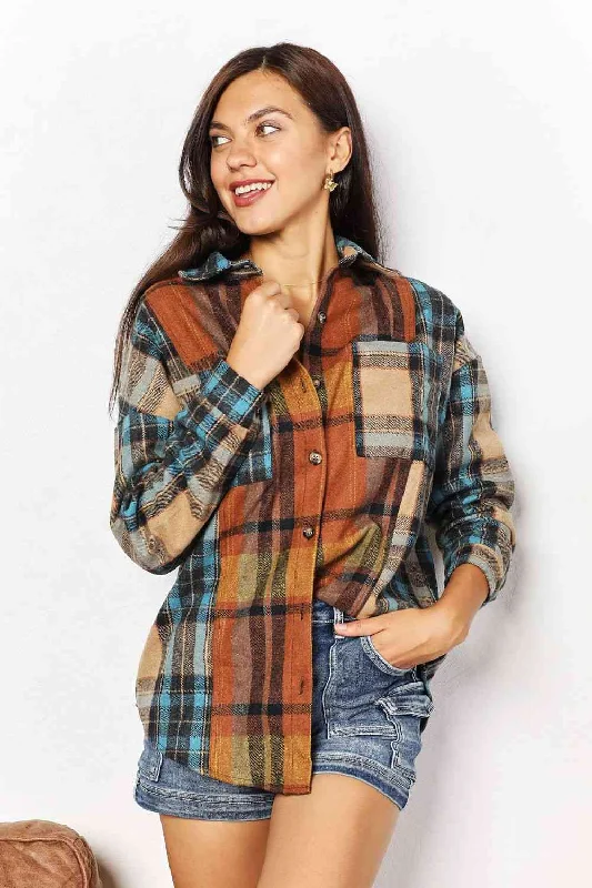 Sexy Lingerie for Women with Stockings Double Take Plaid Curved Hem Shirt Jacket with Breast Pockets Sexy Lingerie for Women with Stockings Double Take Plaid Curved Hem Shirt Jacket with Breast Pockets