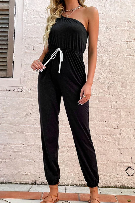 Comfortable Cotton Lingerie for Women One-Shoulder Drawstring Waist Jogger Jumpsuit