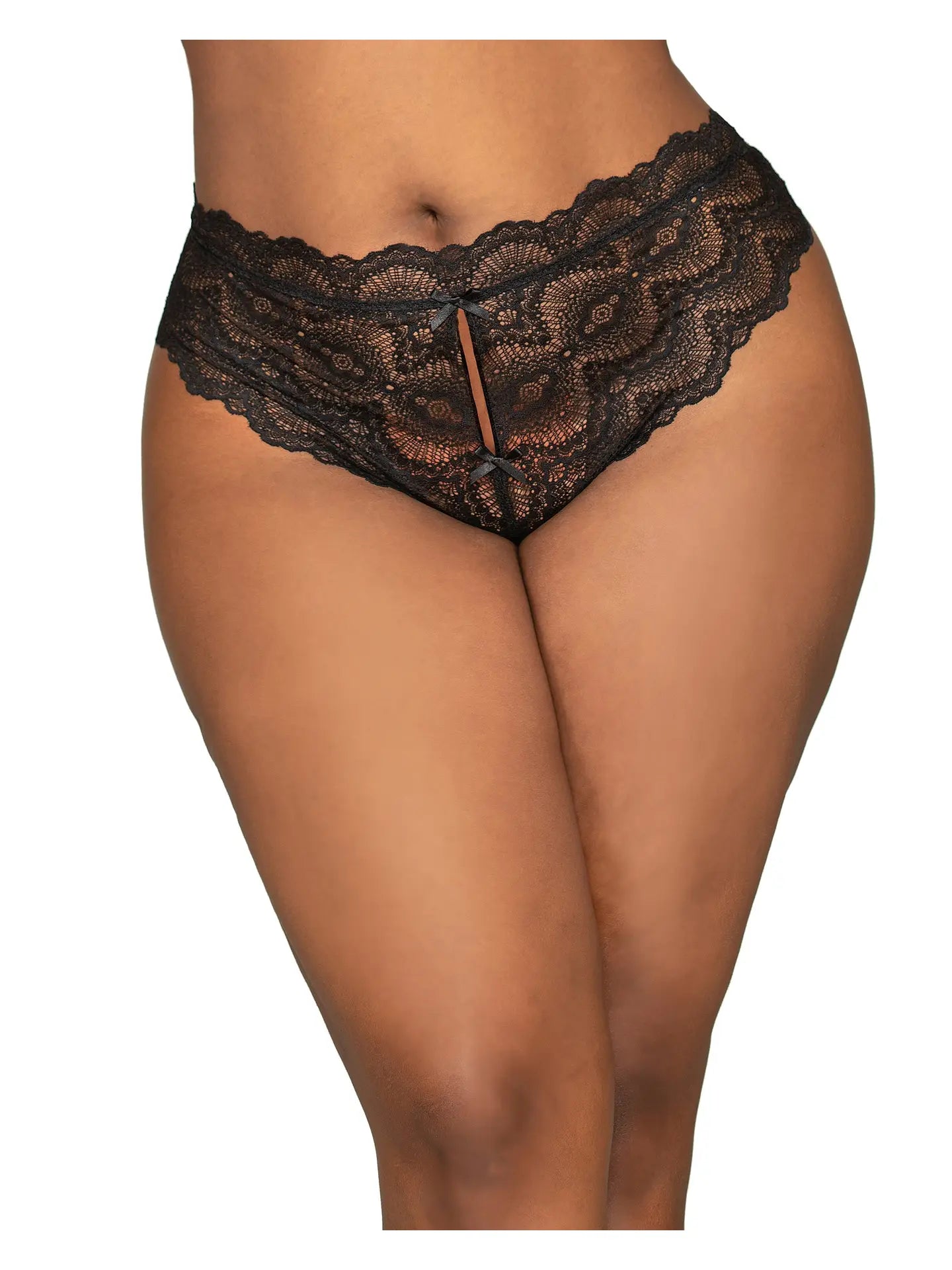 Elegant French Lace Lingerie for Women Plus Open Gusset Tanga w/Open Back Black