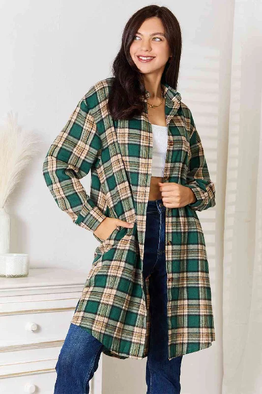 Women's Bridal Lingerie Collection Double Take Plaid Collared Neck Long Sleeve Shirt