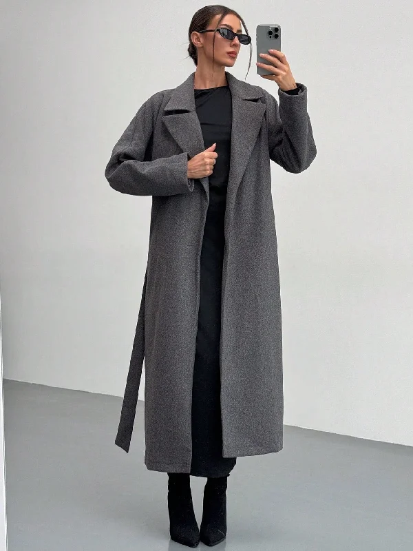 Vintage Inspired Lingerie for Women Aloruh Women's Thick, Loose Fit, Turndown Collar Long Woolen Gray Coat, For Autumn And Winter Vintage Inspired Lingerie for Women Aloruh Women's Thick, Loose Fit, Turndown Collar Long Woolen Gray Coat, For Autumn And Winter