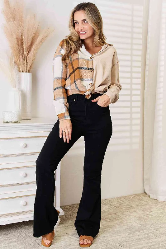 Women's High Waist Lingerie Bodysuits Double Take Plaid Print Dropped Shoulder Shirt