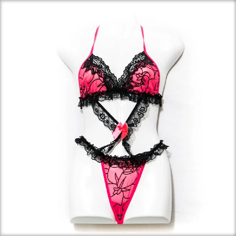 Women's Satin Sleepwear Lingerie Designer Lace Lingerie Set - Tea Red