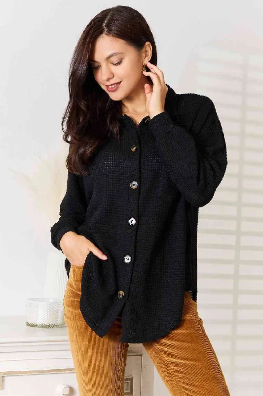 Breathable Bamboo Lingerie for Women Double Take Waffle-Knit Collared Neck Dropped Shoulder Shirt