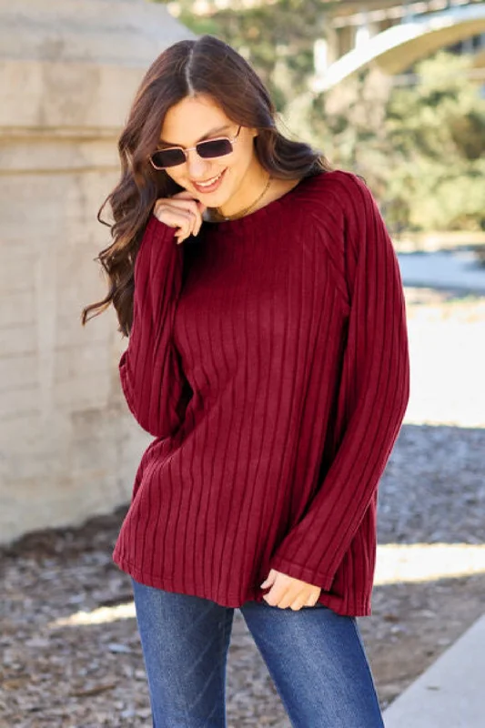 Women's Silk Lingerie Sets Basic Bae Full Size Ribbed Round Neck Long Sleeve Knit Top