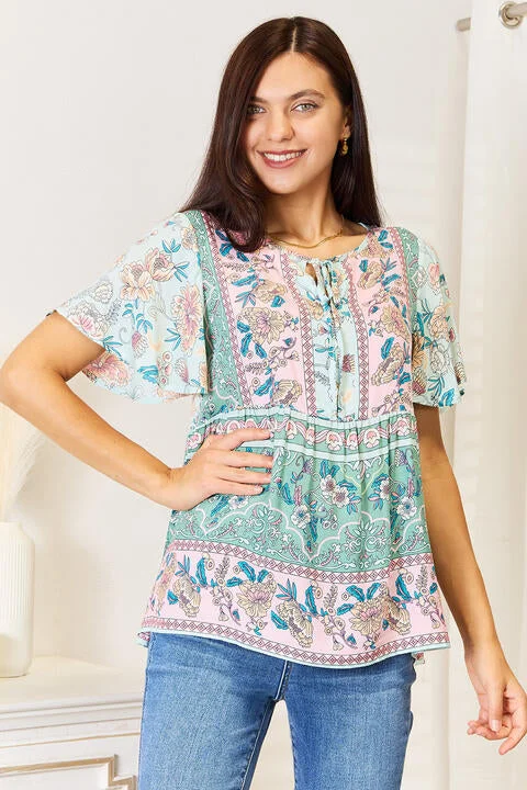Women's Satin Sleepwear Lingerie Double Take Floral Tie Neck Short Sleeve Blouse