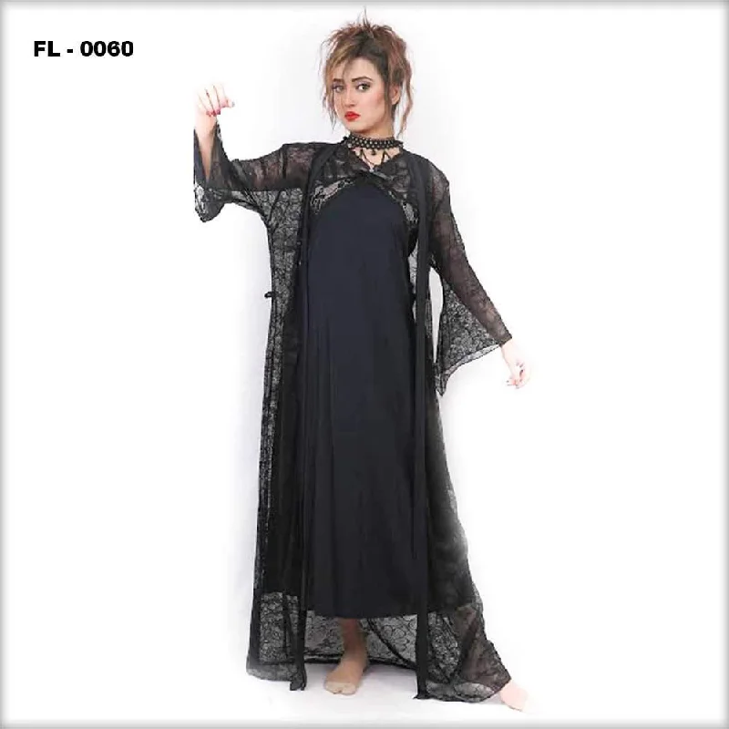 Elegant French Lace Lingerie for Women Black 2Pc Net Nighty Flourish  - FL-0060