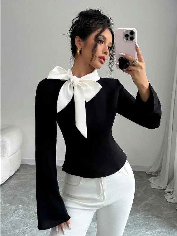 Luxury Lingerie for Special Occasions Elenzya 1pc Women's Black Bow Tie Bell Sleeve Blouse Luxury Lingerie for Special Occasions Elenzya 1pc Women's Black Bow Tie Bell Sleeve Blouse