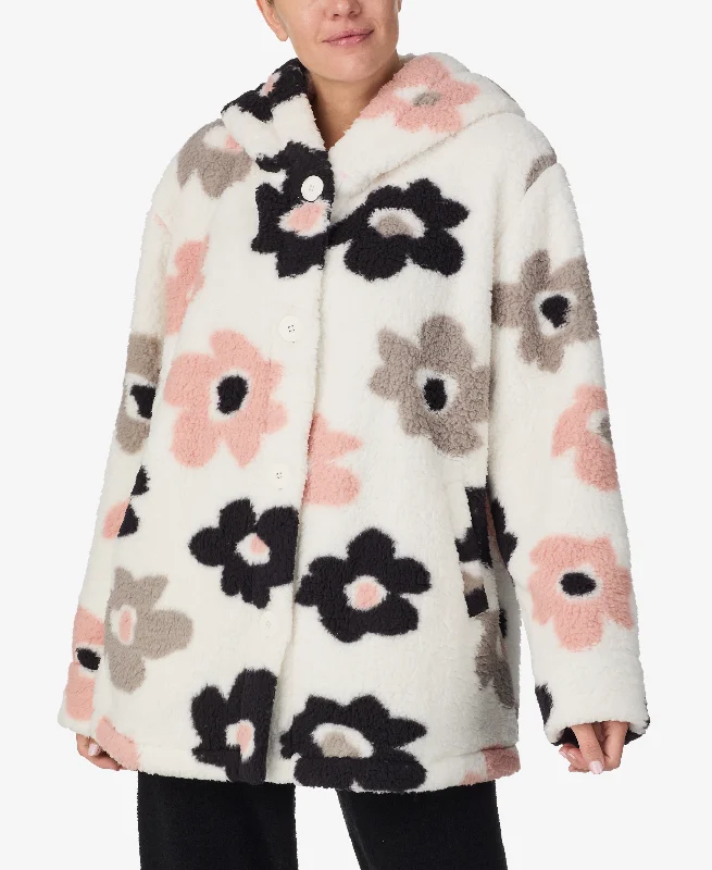 Women's Satin Sleepwear Lingerie Long Sleeve Hooded Teddy Jacket Flower