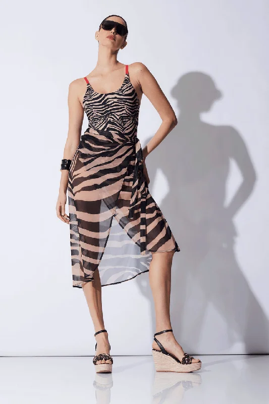 Women's Corset Style Lingerie Zebra Mesh Sheer Sarong