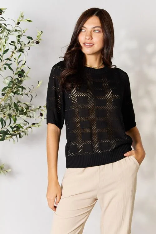 Comfortable Cotton Lingerie for Women Double Take Ribbed Trim Round Neck Knit Top