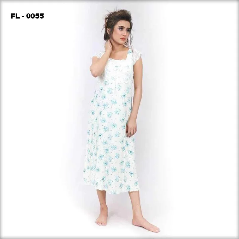 Women's High Waist Lingerie Bodysuits White With Blue Flower Print Flourish Night Gown - FL-0055