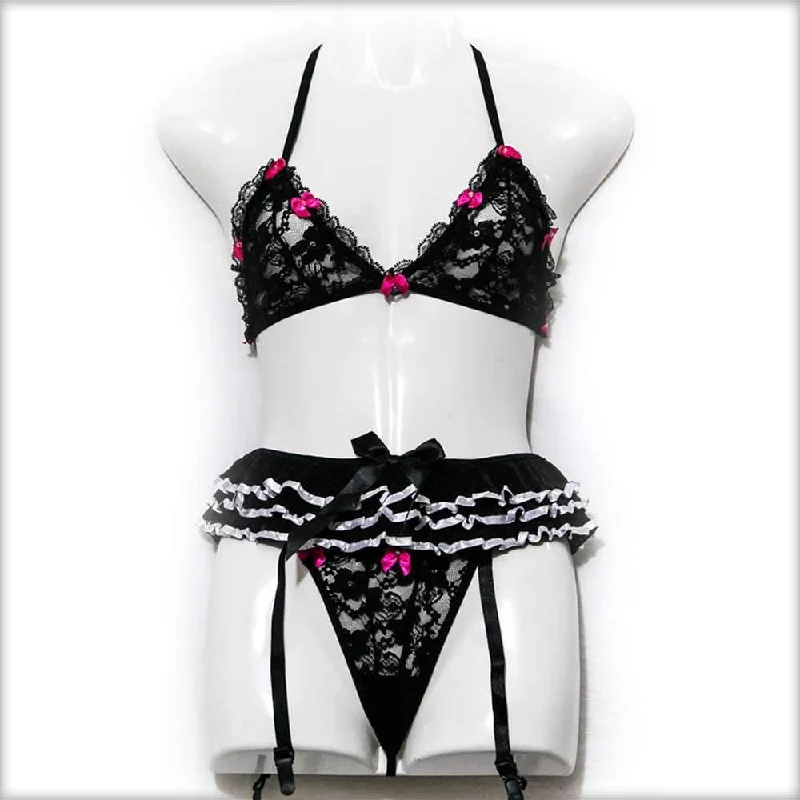 Women's Thermal Lingerie for Cold Weather Black Fancy Net Lingerie Set