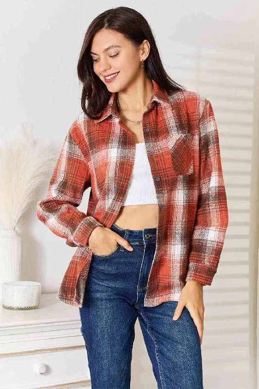 Women's Sheer Lingerie Nightgowns Double Take Plaid Collared Neck Long Sleeve Shirt