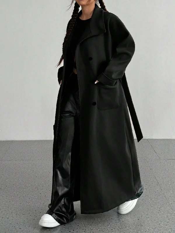 Women's Thermal Lingerie for Cold Weather Women's Solid Color Minimalist Big Lapel Patchwork Pocket Single-Breasted Belted Maxi Jacket Women's Thermal Lingerie for Cold Weather Women's Solid Color Minimalist Big Lapel Patchwork Pocket Single-Breasted Belted Maxi Jacket