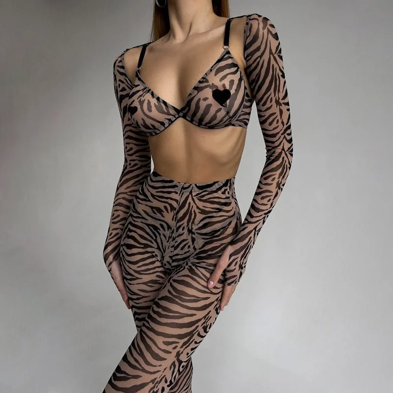 Eco-Friendly Organic Lingerie for Women Women's leopard print mesh see-through body shaping four-piece lingerie set