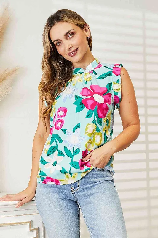 Women's Lingerie with Matching Robes Double Take Floral Print Ruffle Shoulder Blouse