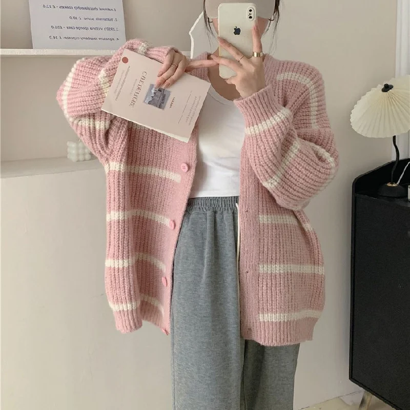 Elegant French Lace Lingerie for Women Korean lazy style contrast color striped knitted cardigan