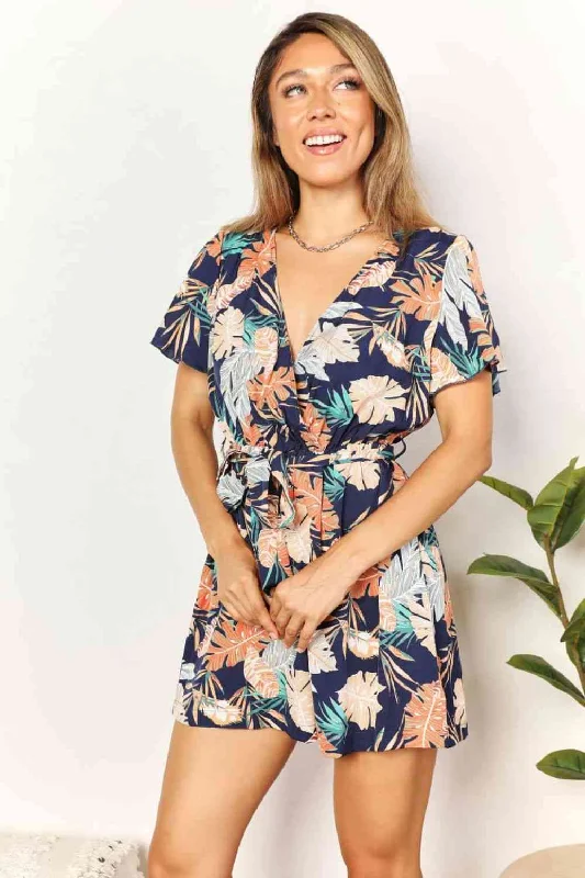 Women's High Waist Lingerie Bodysuits Double Take Botanical Print Surplice Neck Tie Waist Romper Women's High Waist Lingerie Bodysuits Double Take Botanical Print Surplice Neck Tie Waist Romper