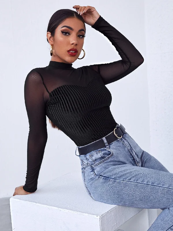 Women's Thermal Lingerie for Cold Weather Mock-neck Mesh Yoke Velvet Tee