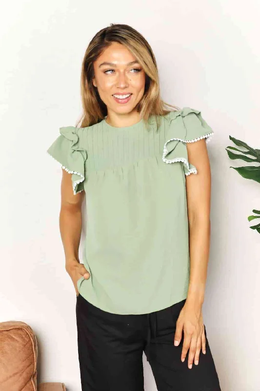 Luxury Lingerie for Special Occasions Double Take Pleated Detail Flutter Sleeve Blouse