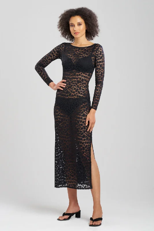 Women's Satin Sleepwear Lingerie Temptation Sheer Allover Lace Slit Gown