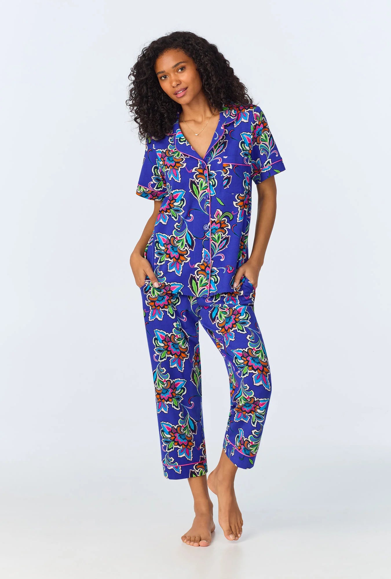 Women's Tummy Control Lingerie Paisley Flower Short Sleeve Crop Pant Pajamas
