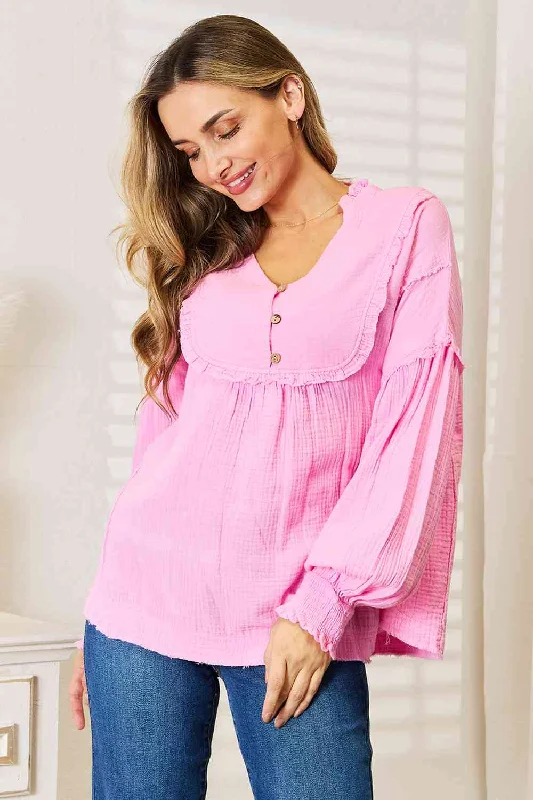 Women's Thermal Lingerie for Cold Weather Double Take Exposed Seam Buttoned Notched Neck Blouse Women's Thermal Lingerie for Cold Weather Double Take Exposed Seam Buttoned Notched Neck Blouse