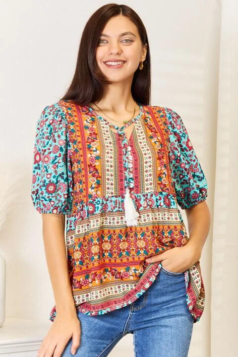 Women's Silk Lingerie Sets Double Take Bohemian Tassel Tie Puff Sleeve Babydoll Blouse
